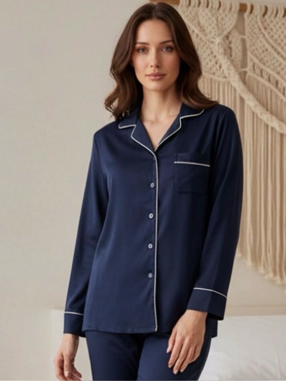 NWT Ettitude Sateen Blue Long Sleeve Button Down Pajama Shirt Top - Size S